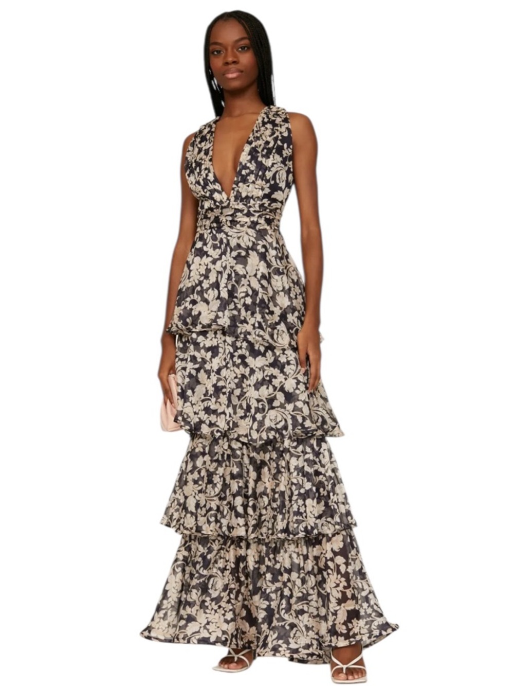 Especia- Fatima Gown Floral Tiered Maxi Dress in Black and Cream Size M